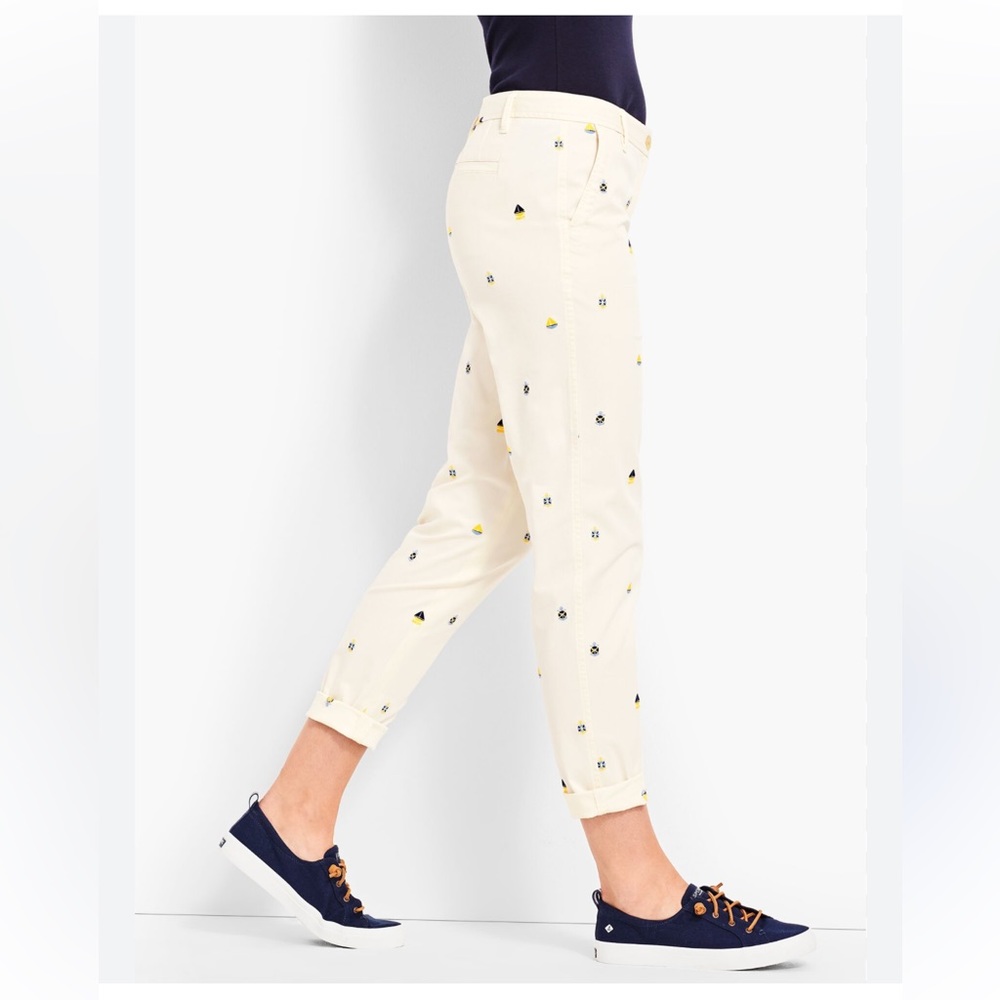 Talbots size 4 girlfriend chino Off white pants with embroidered nautical theme